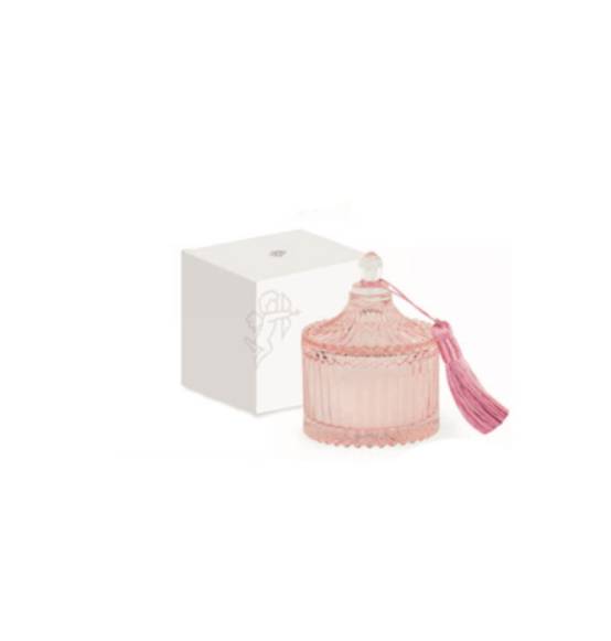 Bomboniera Matrimonio candela con vasetto rosa in vetro e nappina idea originale 2023