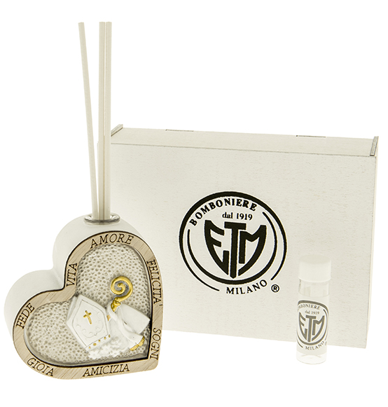 Bomboniera Diffusore in resina bianca e decori in legno con icona cresima cm. 7 include scatola regalo Linea \"Amore\"