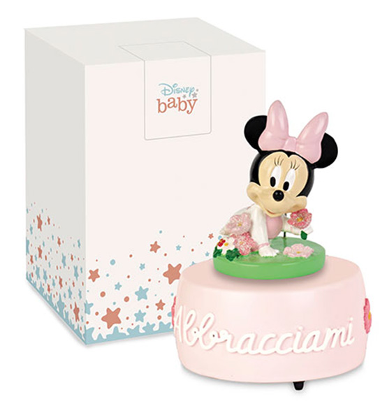 Bomboniera Carillon Disney Minnie baby rosa con fiorellini e scritta \"Abbracciami\" include scatola regalo