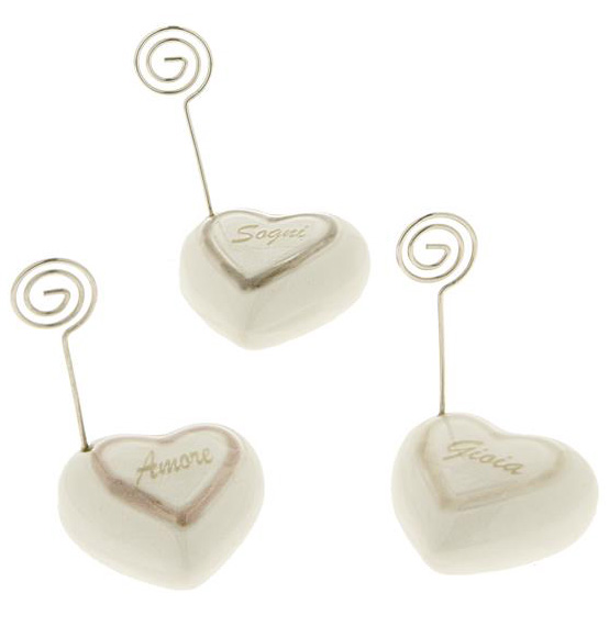 Bomboniera Matrimonio memo clip cuore in porcellana bianca con scritte e nastrino Linea \"Heart Cuore\"