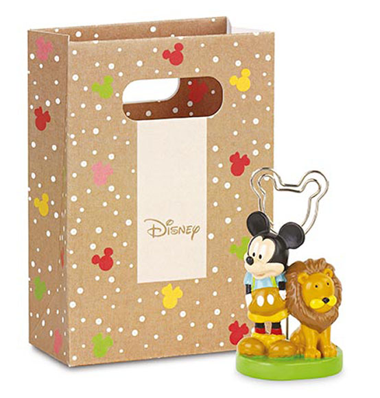 Bomboniera Battesimo Disney segnaposto/memoclip Mickey con leone in resina con shoppers cm. 6,5