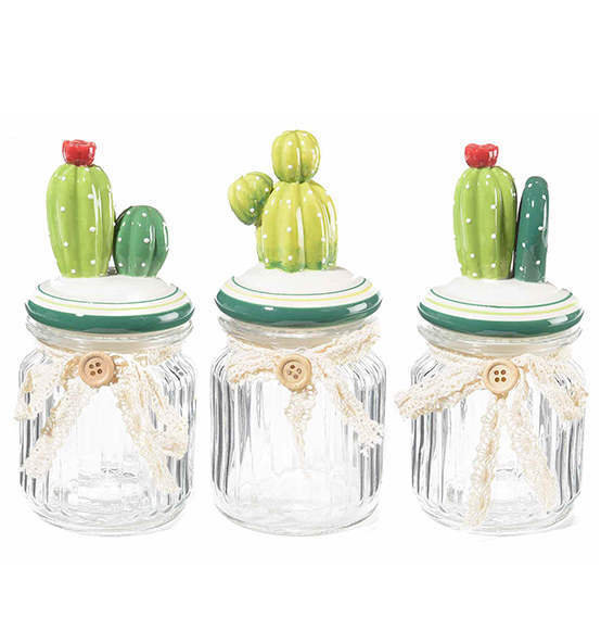 Bomboniera barattolo in vetro con cactus in ceramica diam. cm. 8x16,5H,  Scatole Discount.it - Trasparenti, in cartone, portabottiglie,  portaconfetti, nastri, bomboniere e ragali