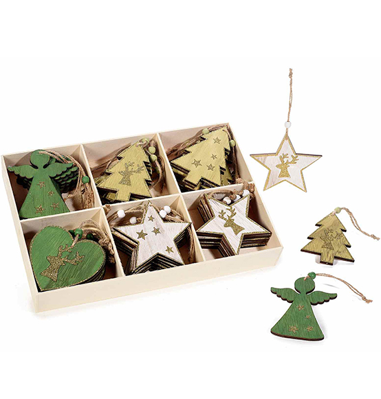 48pz. Addobbi natalizi in legno colorato con decorazioni glitter oro da appendere con espositore