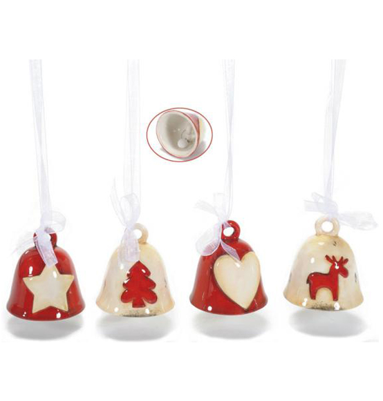 Decorazione natalizia campanella in ceramica rossa e crema da appendere