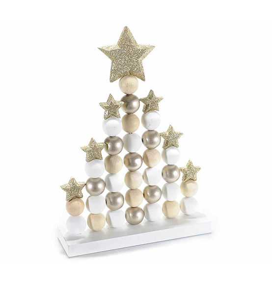 Albero di Natale in legno con palline e stelle con glitter