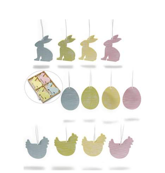 Decorazioni di Pasqua in resina colorata da appendere in scatola di legno cm4,3x6,5H (c/cordino11,5) Scatola: 10 x 14,5 x 1,6 H
