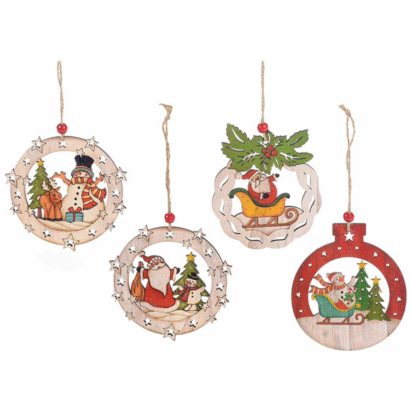 12pz. Decorazioni addobbi di Natale in legno con personaggi natalizi da appendere