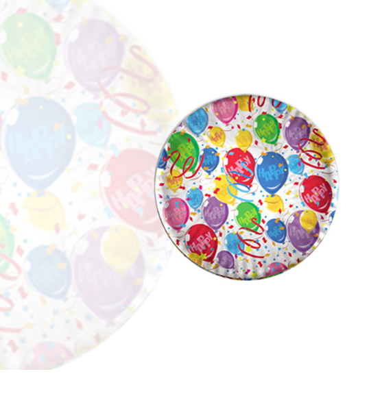 10pz. Piattini happy balloons in carta diam. cm. 18