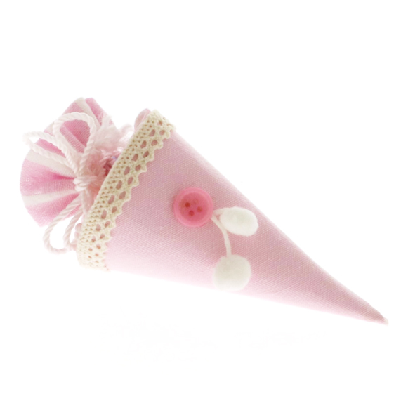 Sacchettini cono portaconfetti  nascita rosa e righe bianchi con ponpon cm. 14