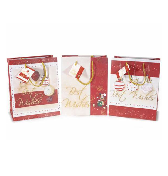 Sacchetto natalizio in carta "Best Wishes" cm 18x10x22