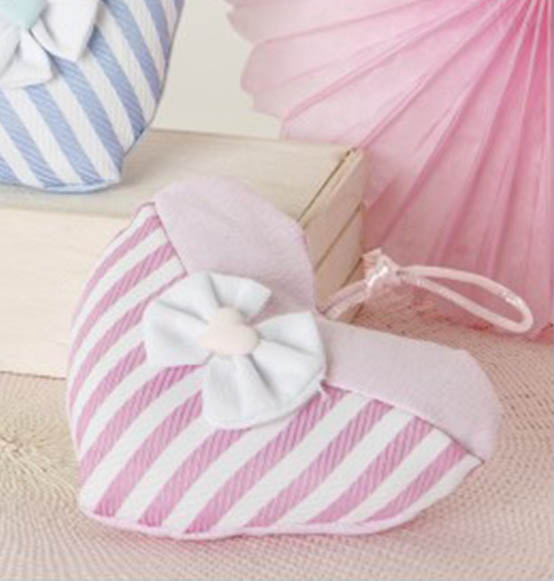 sacchetti cuore portaconfetti battesimo a righe rosa con papillon e cuoricino Linea PERLA 10 CM
