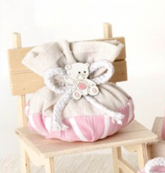 saccoccino portaconfetti nascita rosa con cordoncino e orsetto in legno Linea BELLA 10 CM