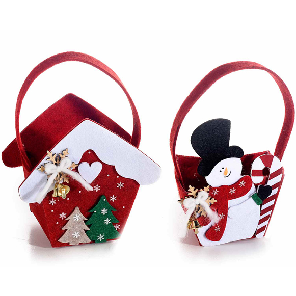 12 pz. borsetta in panno con personaggio natalizio e campanelle cm 14x8x13H