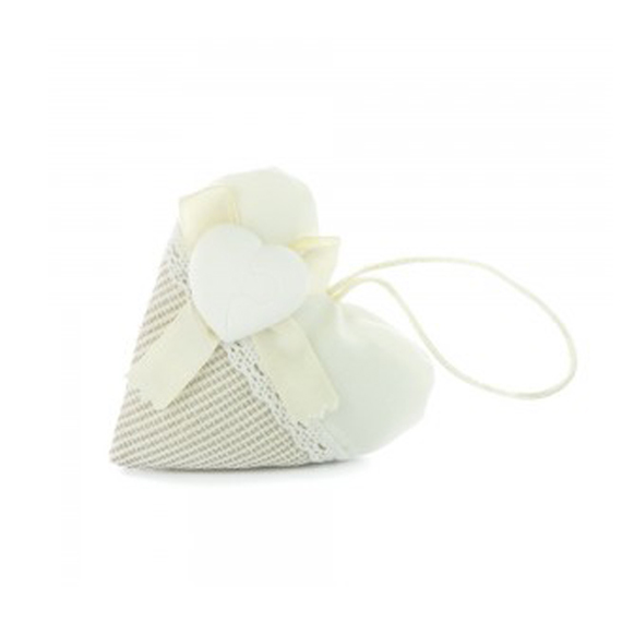 Sacchettino portaconfetti a forma di cuore matrimonio crema con cuore in gesso cm. 10,5X10