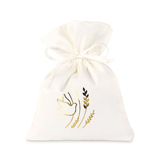 Sacchettino portaconfetti comunione in raso bianco con colomba e spiga oro cm. 10x14