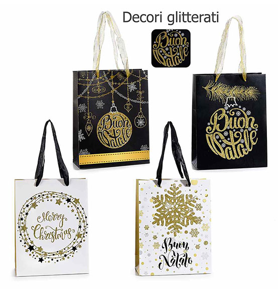 32Pz Sacchetti Shopper regali natalizi in carta bianca e nera con decori oro e manico in tessuto cm 19x8x24,5H (Con manici cm. 34H)