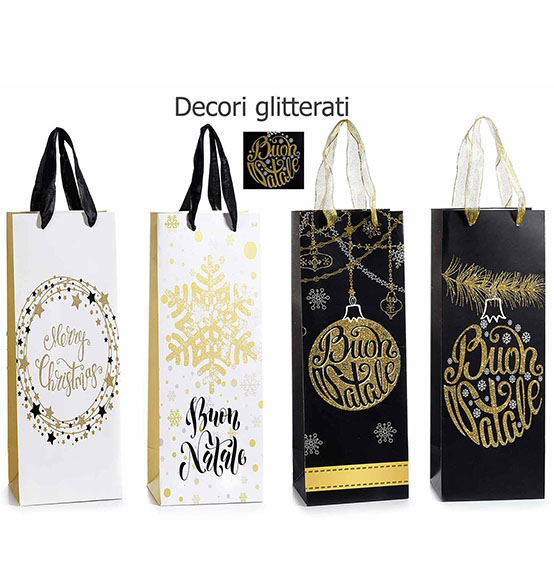 32Pz. Sacchetti Shopper portabottiglie natalizi in carta bianca e nera con decori oro e manico in tessuto cm. 12,5x10x34,5  (con manici cm. 44)