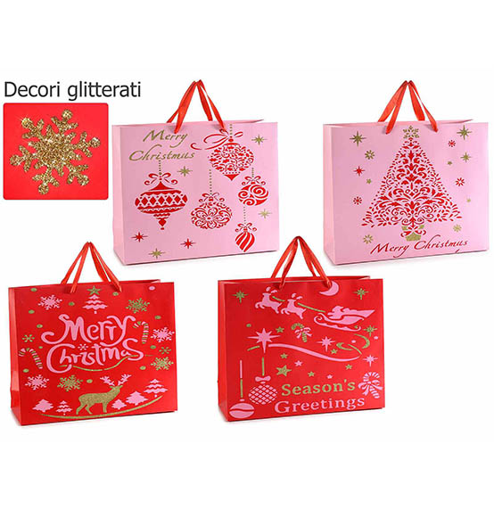 16Pz. Sacchetto grande regalo natalizio in carta colorata con decorazioni glitter e manici in raso cm. 38x12,5x30,5H