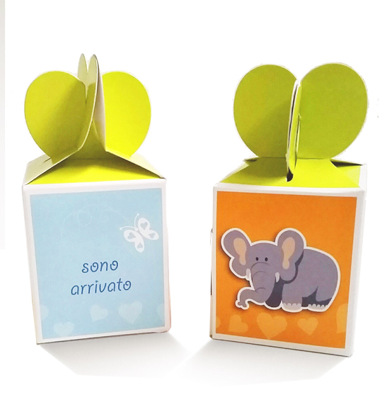 10pz. Scatola portaconfetti in cartoncino con baby zoo celeste mm. 60x60x70
