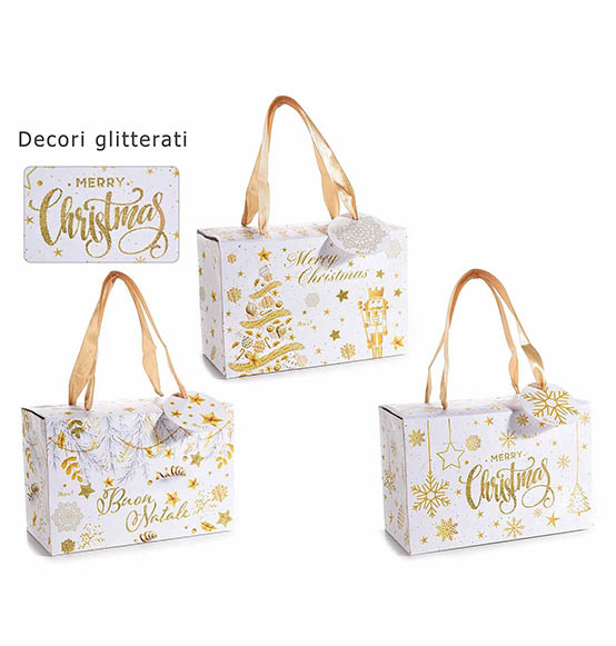 24pz. Scatola regalo natalizia in carta bianca con manici in raso e decorazioni oro con glitter cm. 18x9x12