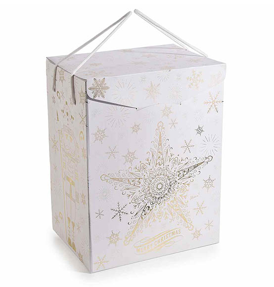 5Pz. Scatola regalo bianca con stampa natalizia dorata e manici Linea "Natale Regale" cm. 28x20x35H