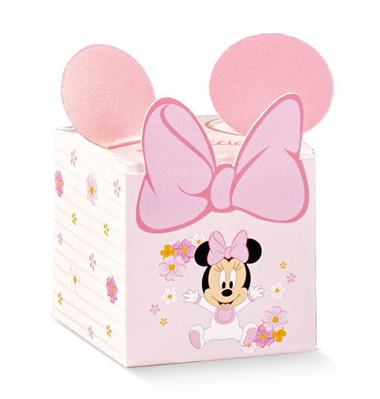 10pz. Scatolina Portaconfetti cubetto Disney Minnie Baby rosa con orecchiette