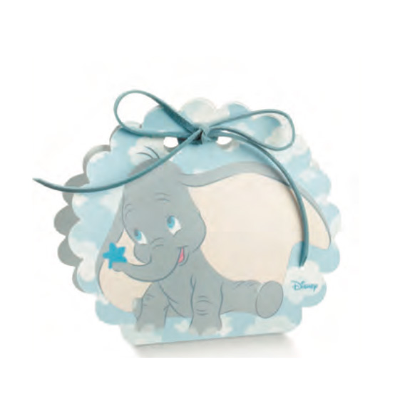 10pz Scatolina portaconfetti Dumbo Disney nascita borsa rotonda celeste mm. 58x40x85