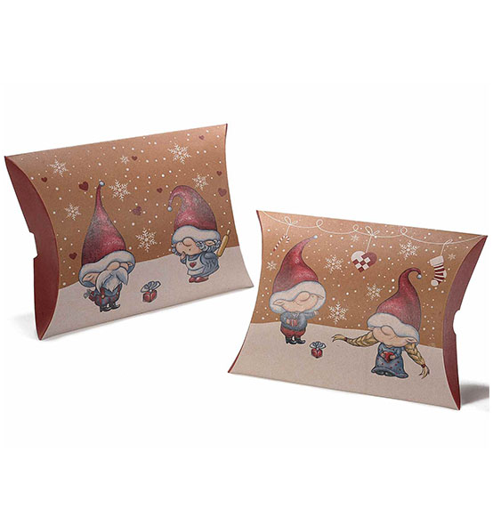 50Pz Scatole regalo di Natale a cuscino in carta naturale con stampa Gnomi