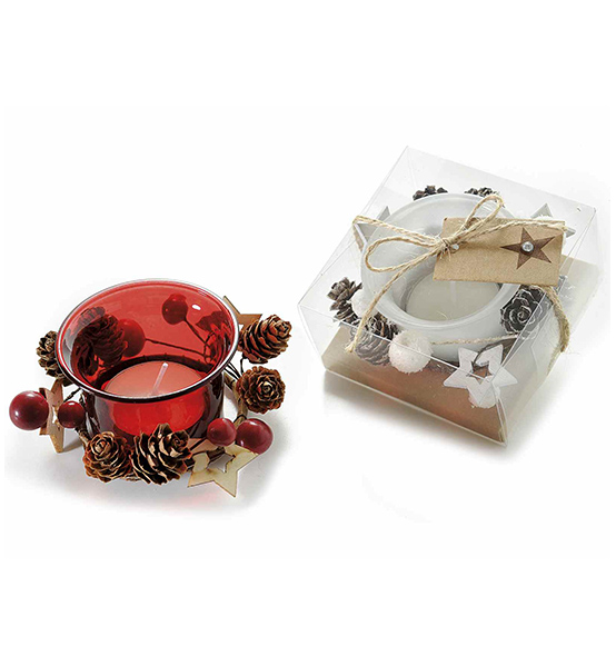 2 pz. Vasetto porta candela di vetro con candela tea light e corona di pigne con scatola regalo