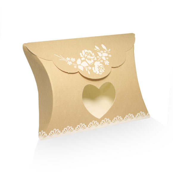 10pz AC Scatola portaconfetti busta nozze avana con cuore trasparente e roselline bianche mm. 80x85x30