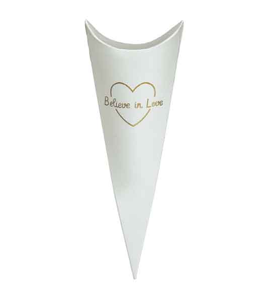 10pz. Scatolina Portaconfetti/portariso a forma di cono bianco con scritta e oro "Believe in love" mm. 190