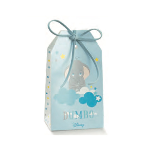 10pz Scatoline portaconfetti Dumbo Disney battesimo tag celeste mm. 55x35x100