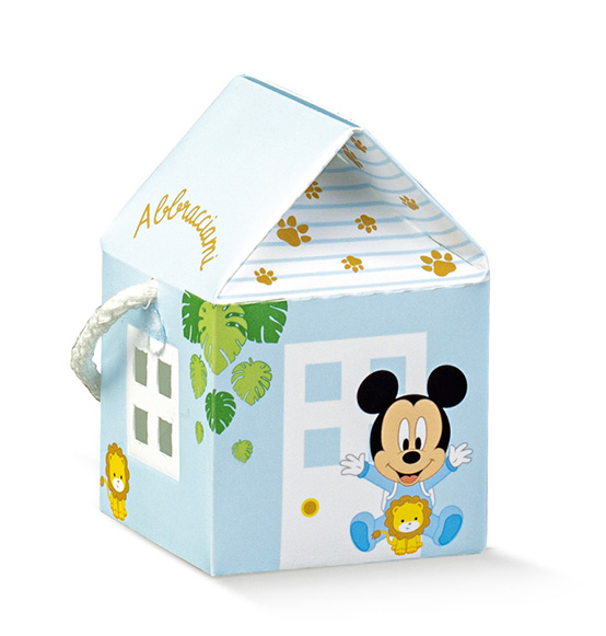 10pz. Scatolina Portaconfetti casetta Disney Mickey Baby celeste