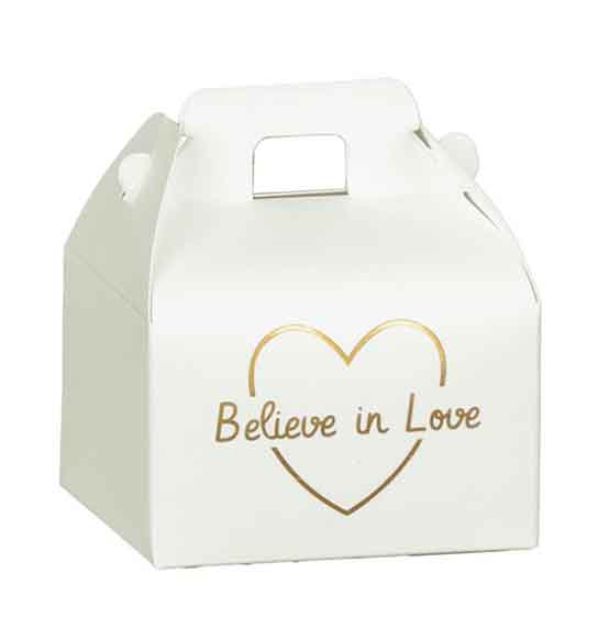 10pz. Scatolina Portaconfetti a forma di valigetta bianca con scritta e oro "Believe in love" mm. 70x60x43