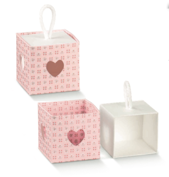10pz AC Scatoline portaconfetti cubo rosa con finestrella a forma di cuore  mm. 50X50X50, Scatole Discount.it - Trasparenti, in cartone,  portabottiglie, portaconfetti, nastri, bomboniere e ragali