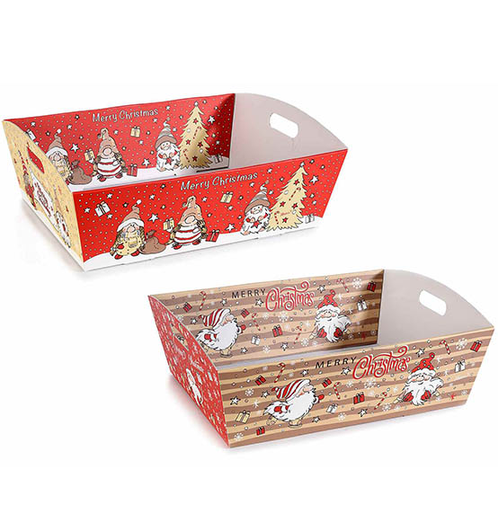 12Pz Vassoio grande in cartoncino con manico e decorazioni natalizie con gnomi Linea \"Gnometti Family\" cm. 37x29x11H