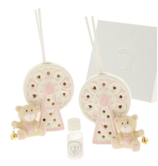 Bomboniera Battesimo orsetto rosa profumatore led in porcellana con campanellina novità 2023