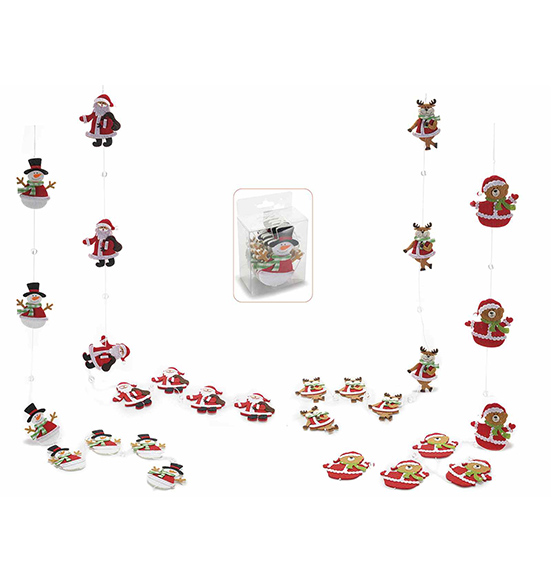 Set 4 fili decorativi di Natale con 7 personaggi natalizi in panno da appendere