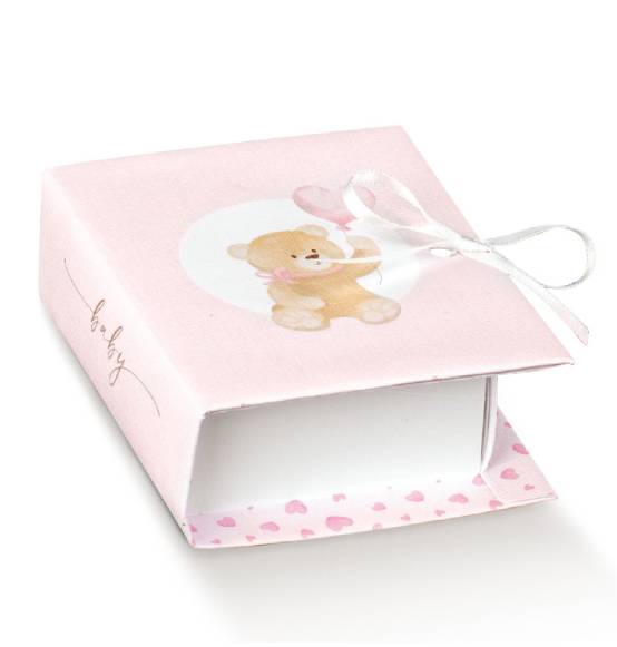 Portaconfetti scatolina Nascita Battesimo libro orsetto rosa novità originale 2023