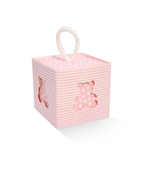 10pz AB Scatole portaconfetti battesimo cubo rosa mille righe con finestrella a forma di orsetto mm. 50X50X50